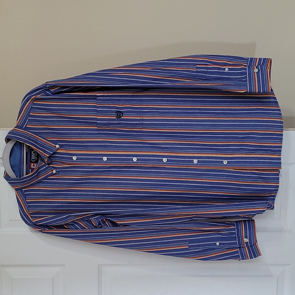 Chaps Men's XL Button Down Stripe Shirt Blue Orange Easy Care